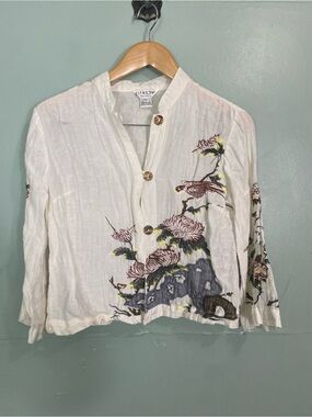 Citron Linen‎ Silk Blouse Embroidered Floral Ivory Petite Small